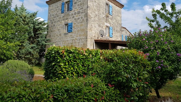 A stone building with blue shutters, surrounded by lush greenery and flowering plants.