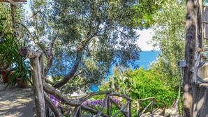 A stone staircase with a rustic wooden railing leading to a coastal area. - Villa Ad Maiora in Massa Lubrense (Massa Lubrense)