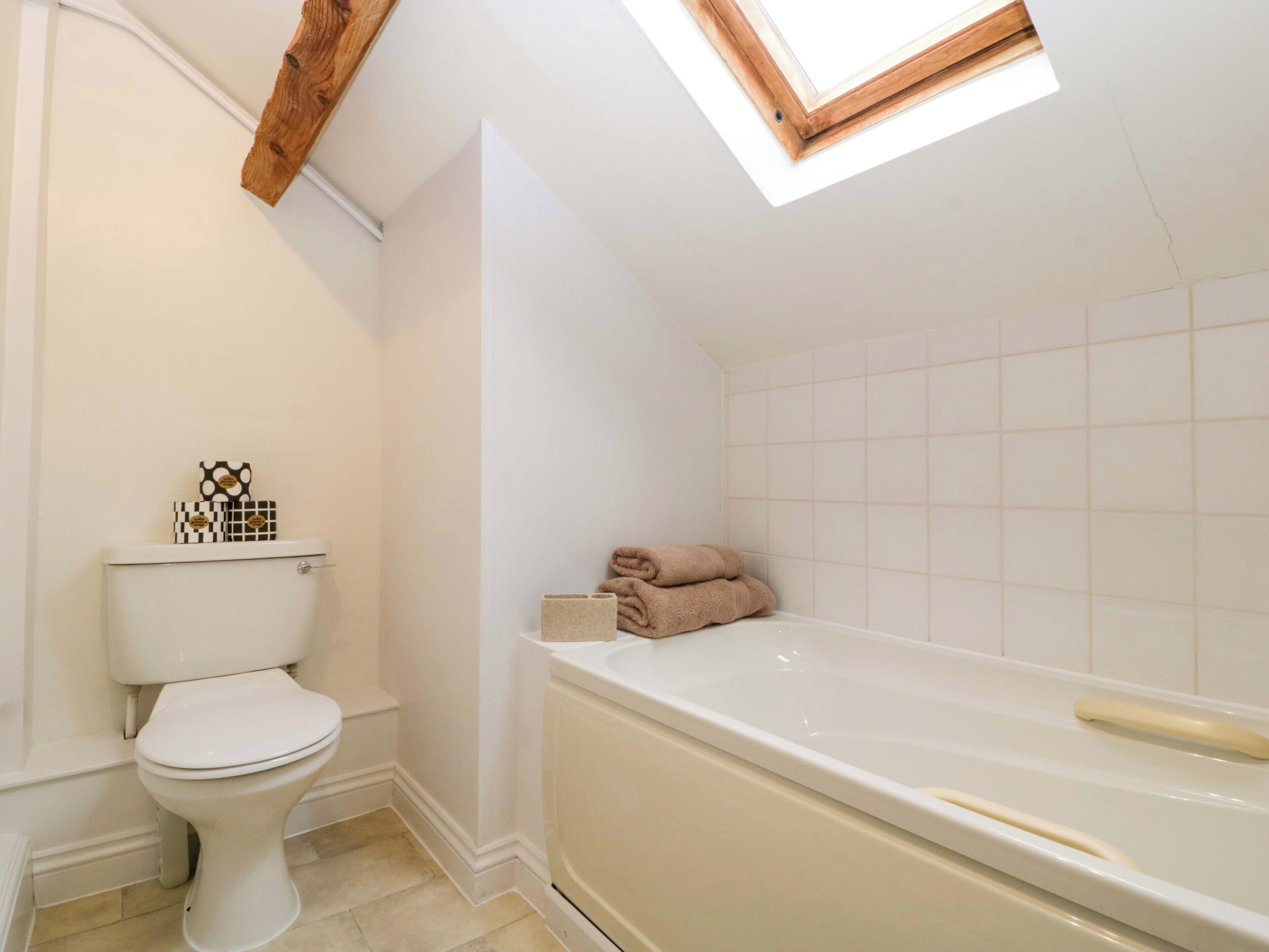 A bathroom with a toilet, a bathtub, and a skylight.