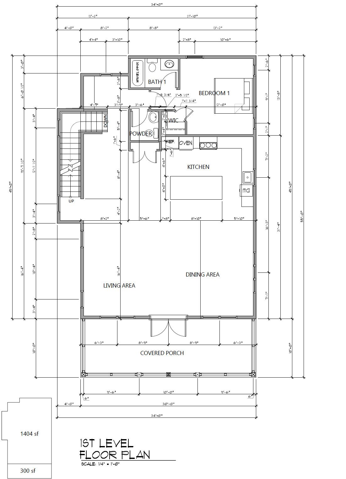 A 1st level floor plan with a covered porch, living area, dining area, kitchen, and two bedrooms.