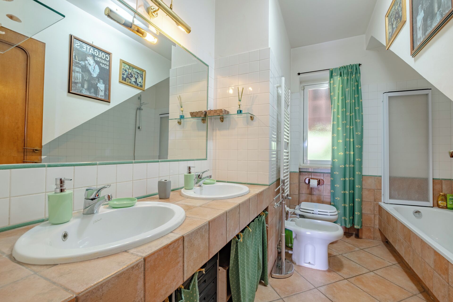 Hair dryer, bidet, towels, soap