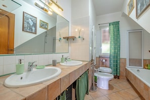 Hair dryer, bidet, towels, soap