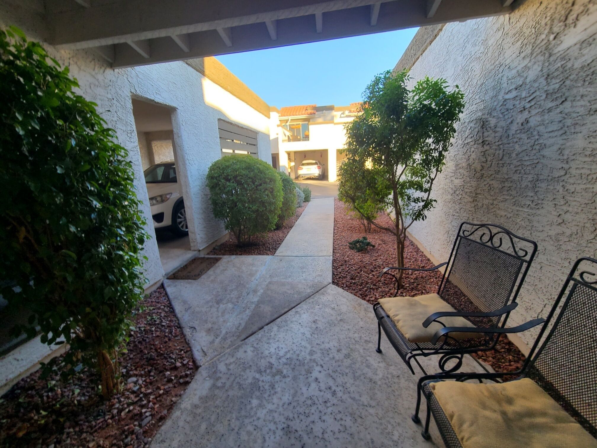 Un patio couvert avec un sol en béton, deux chaises en métal, un petit arbre et un bâtiment en arrière-plan.