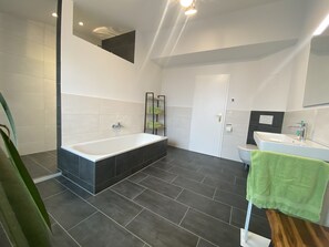 Douche, sèche-cheveux, serviettes fournies, savon