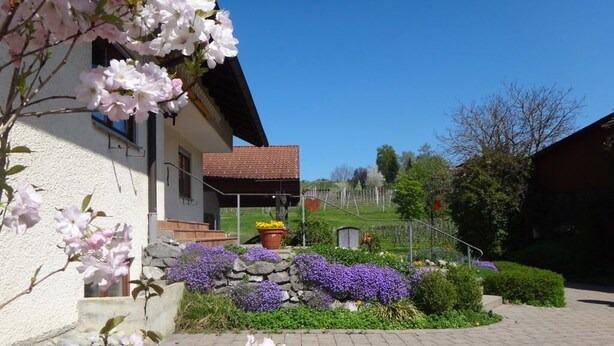 Ein Gebäude mit einer Stein-Fassade, einem roten Ziegeldach und einem Garten mit violetten und weißen Blüten.