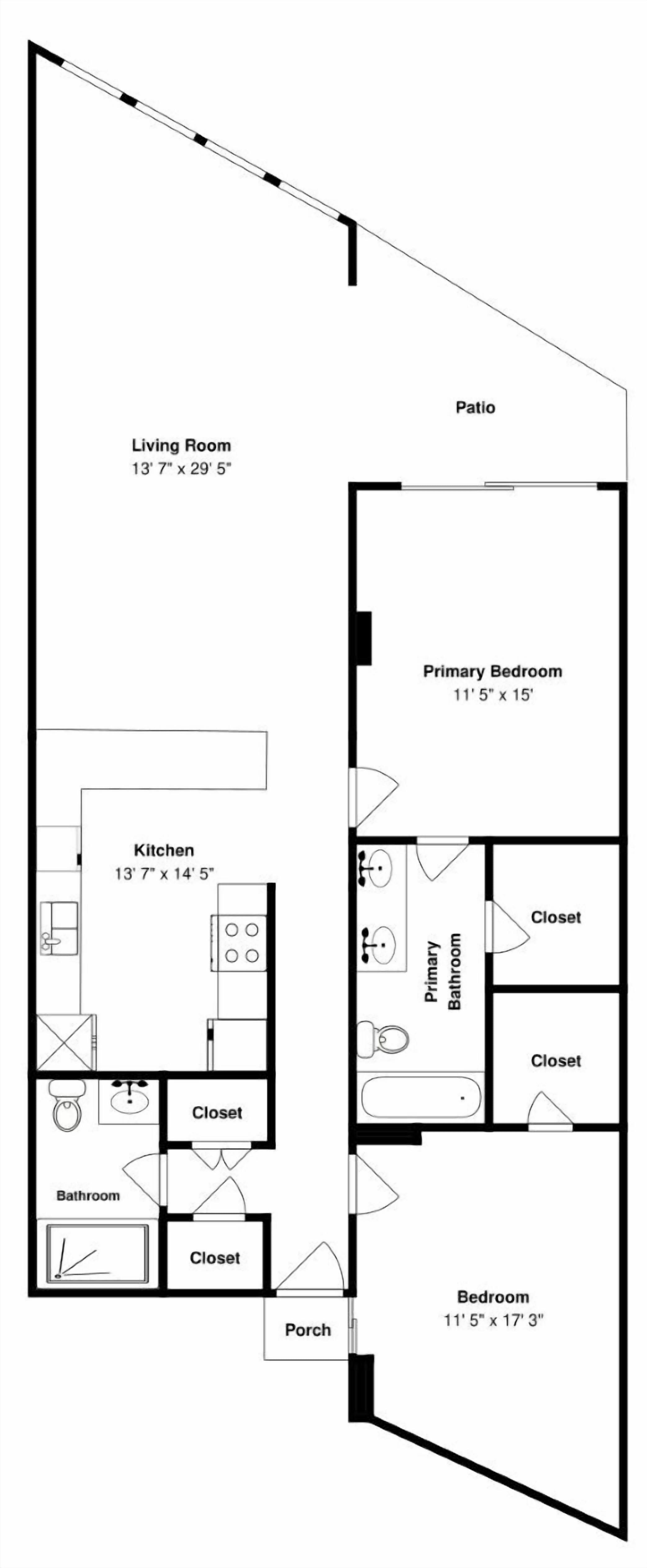Plano de planta de una propiedad residencial que incluye sala de estar, patio, cocina, habitación principal, habitación secundaria, baño y porche.