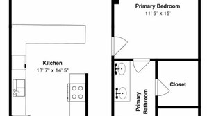 Plano de planta de una casa que incluye sala de estar, patio, cocina, habitación principal, habitación secundaria, baño y porche.
