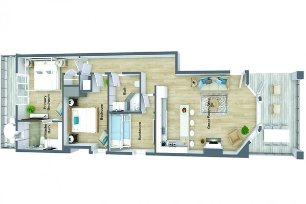 Plano de un hotel que muestra un dormitorio principal, baño, cocina pequeña y un dormitorio suite.