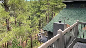 Une terrasse en bois dotée d’une rambarde, qui offre une vue sur une zone boisée parsemée de pins.
