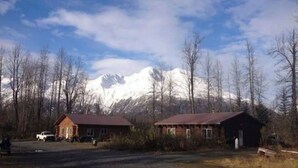 Eine Holzhütte mit Metalldach, umgeben von Bäumen und einem schneebedeckten Berg im Hintergrund.