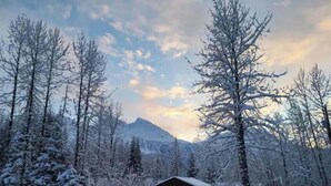 Eine Hütte, umgeben von schneebedeckten Bäumen und Bergen.