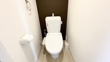 Hair dryer, towels, shampoo, toilet paper