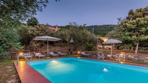 A rectangular swimming pool with a tiled edge, surrounded by lounge chairs and umbrellas, set against a backdrop of trees and a stone wall. - Villa Dondolino in Lucca (Lucca)