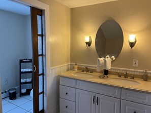 Hair dryer, towels, toilet paper
