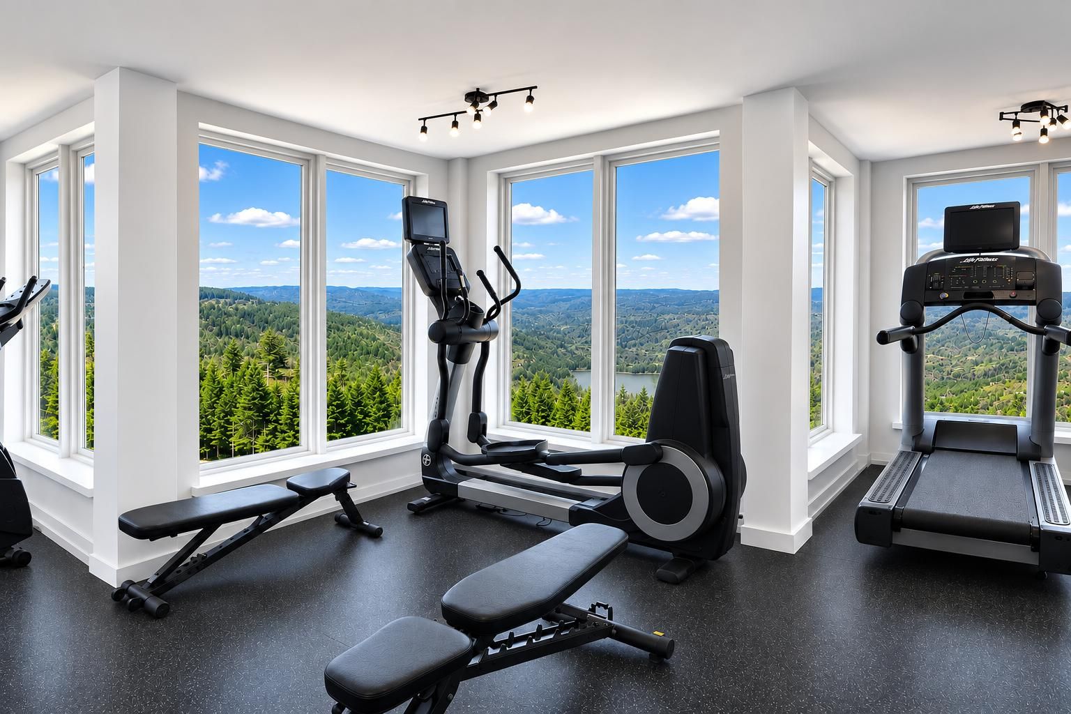 A gym with exercise equipment, large windows, and a view of a forest.