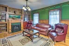 TV, fireplace, books
