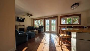 TV connectée, cheminée, livres