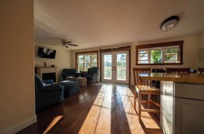 Smart TV, fireplace, books