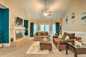 TV, fireplace, foosball, offices