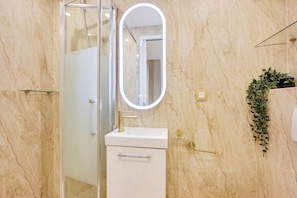 Shower, hair dryer, towels, soap