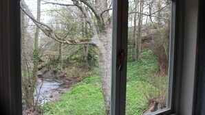 Une fenêtre donnant sur un paysage naturel, avec un ruisseau et des arbres.