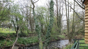 Une scène paisible au bord de la rivière, avec une clôture en bois et une zone herbeuse en arrière-plan.