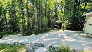 A residential driveway with a stone pathway leading to a garage, surrounded by lush greenery and a small garden with flowering plants.