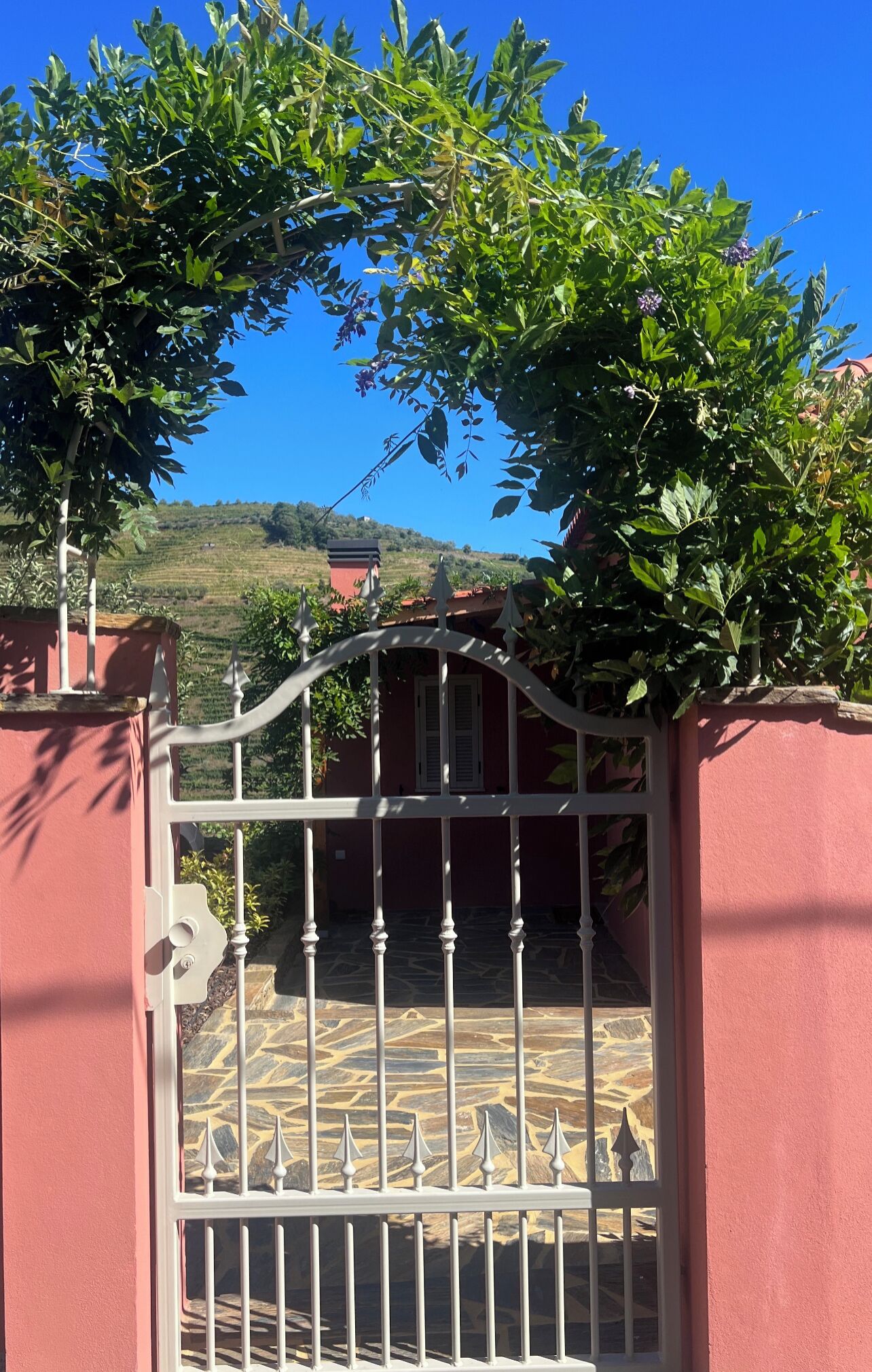 Una entrada protegida con una reja de metal y un arco decorativo encima.