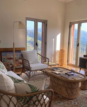 Smart TV, chimenea, libros y estéreo