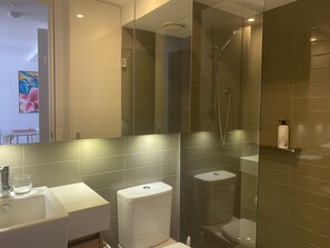 Dusche, Haartrockner, Handtücher, Seife