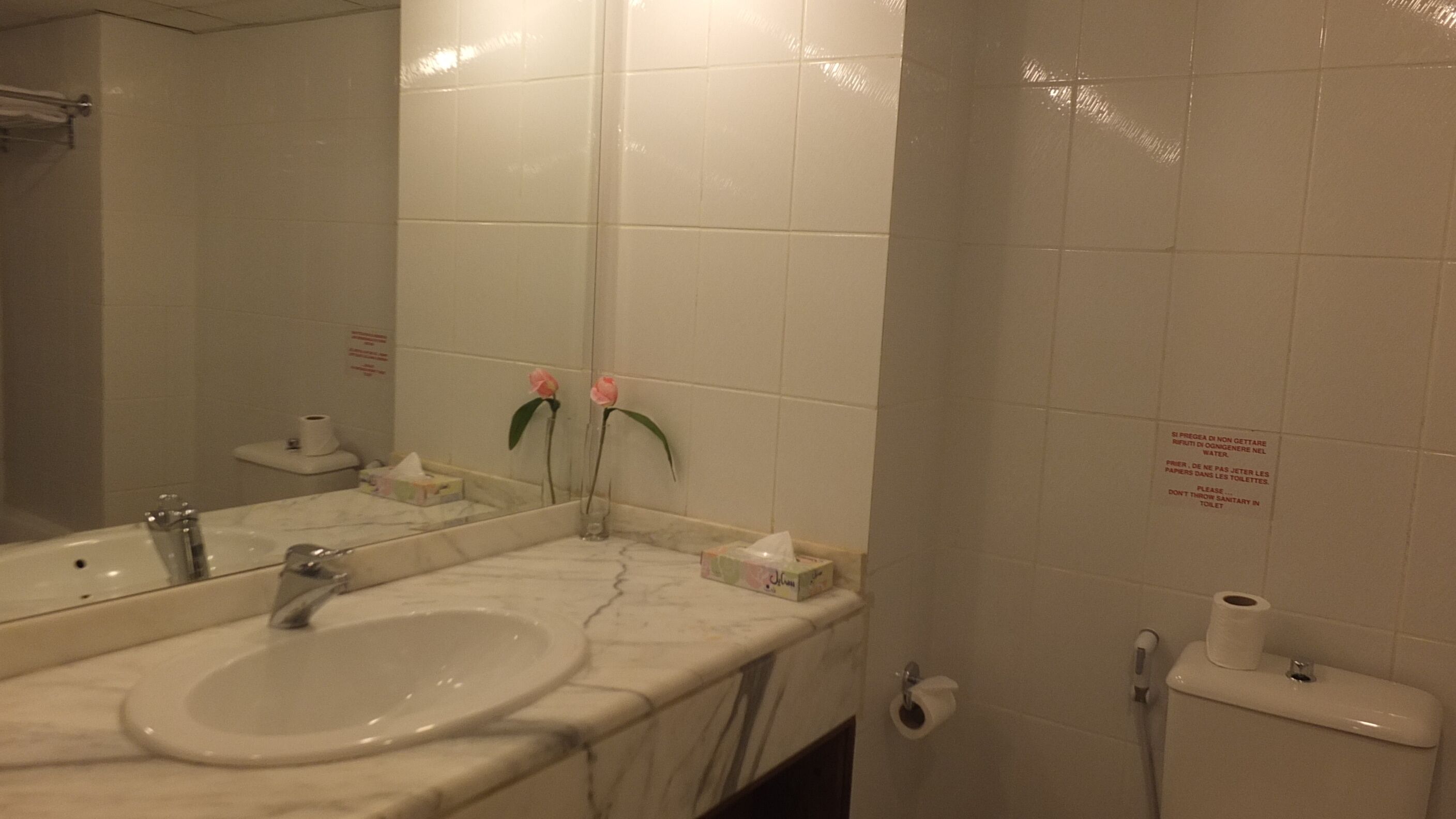 A bathroom with a sink, mirror, and toilet. There are two pink flowers on the counter.