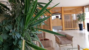 A spacious lobby with a reception area, striped chairs, and a potted plant. - Petra Panorama Hotel (Wadi Musa)