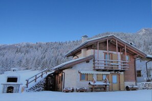 A wooden cabin with a balcony, a stone fireplace, and a snowy forest backdrop.