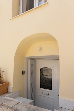 A building entrance with a grey door, a small window, and a potted plant. - Athens Plaka Family Suites (Athens)