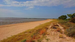 Una spiaggia con una riva sabbiosa e un cielo sereno.