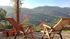 Two wooden chairs and a table on a stone patio with terracotta pots, overlooking a mountainous landscape with dense forests and pink flowers. - Casale Mollina 6 2 (Anghiari)