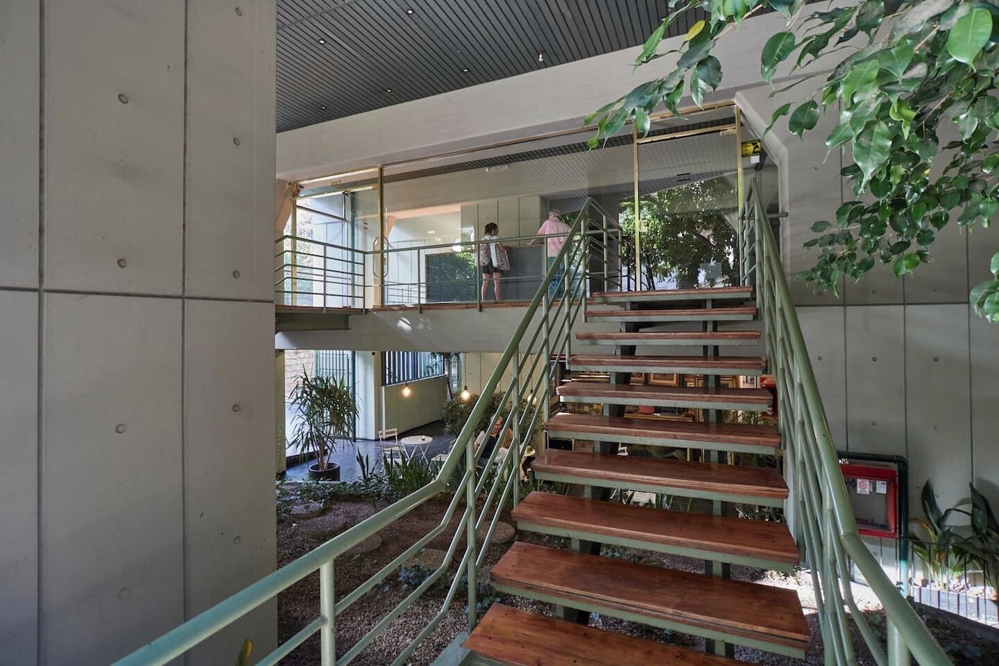 Un escalier avec des marches en bois et des rampes en métal, entouré de plantes d’intérieur et doté d’une rambarde en verre.