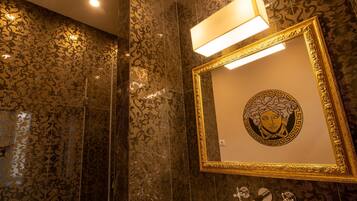 Shower, hair dryer, bidet, towels