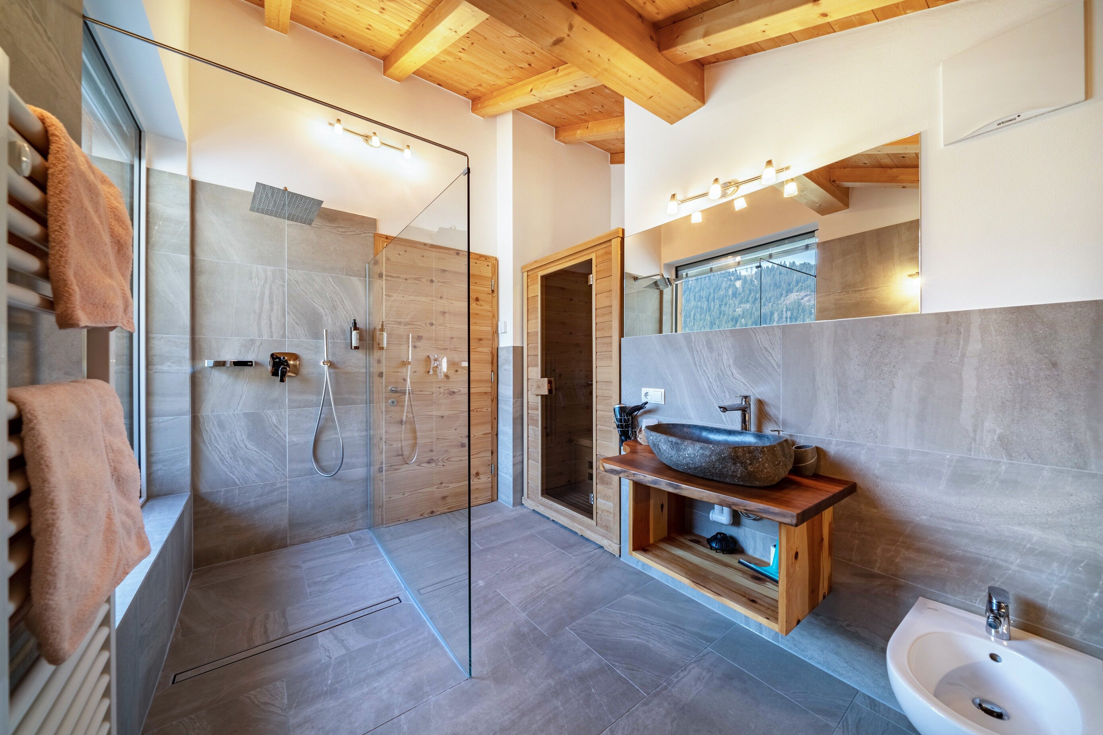 Bathtub, hair dryer, towels