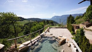 Una piscina amb vista a les muntanyes, envoltada de verdura i una tanca de fusta.