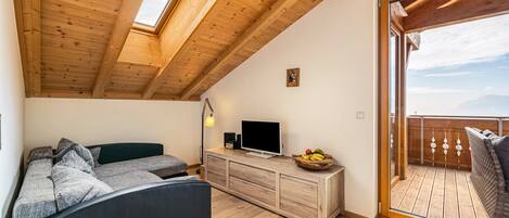 A loft-style room with a wooden ceiling, a sofa, a TV, and a balcony with a view.
