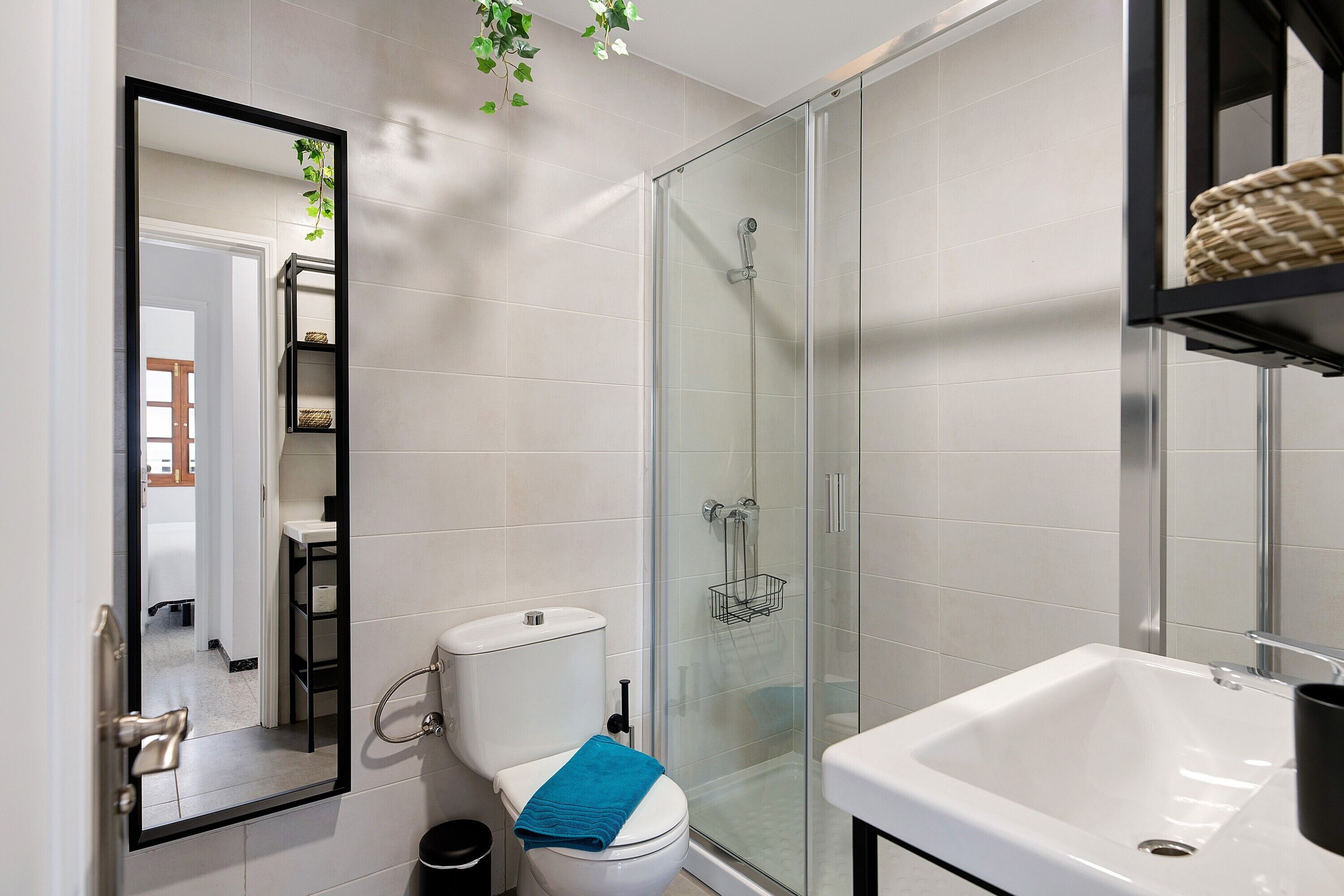 Chuveiro, secador de cabelo, toalhas de banho 