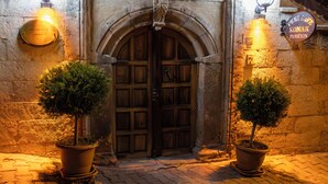 Fachada de un edificio de piedra con un par de puertas de madera, dos árboles en macetas y letreros iluminados.