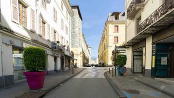 A narrow street with buildings on either side, a large potted plant on the left, and a no parking sign on the right.