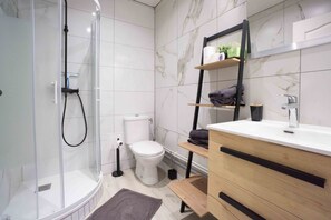 Shower, hair dryer, towels