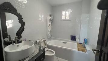 Shower, hair dryer, bidet, towels