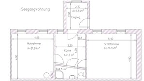 Plattegrond van een woonhuis met een woonkamer (21,99 m²), keuken (12 m²), badkamer (5 m²), slaapkamer (26,46 m²) en een tweede badkamer (6,64 m²).