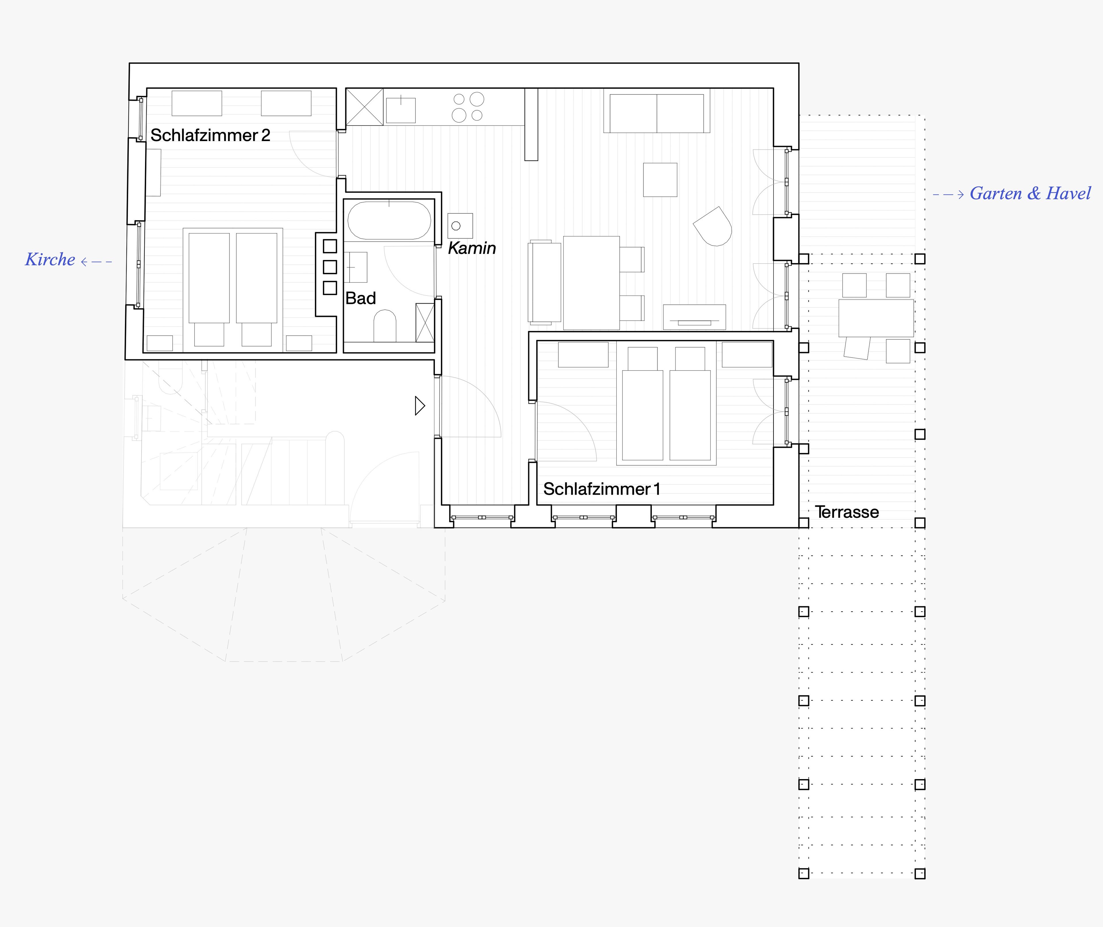 A floor plan of a hotel with two bedrooms, a bathroom, a kitchen, a dining area, and a terrace.