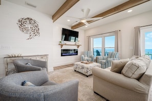 Smart TV, fireplace, DVD player, books