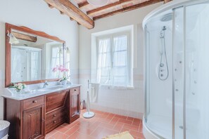 Shower, hair dryer, towels